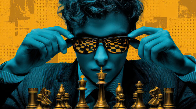 chess grandmaster breaks a wall, destroys stereotypes. Moving forward, personal development. Pop art retro vector illustration vintage kitsch