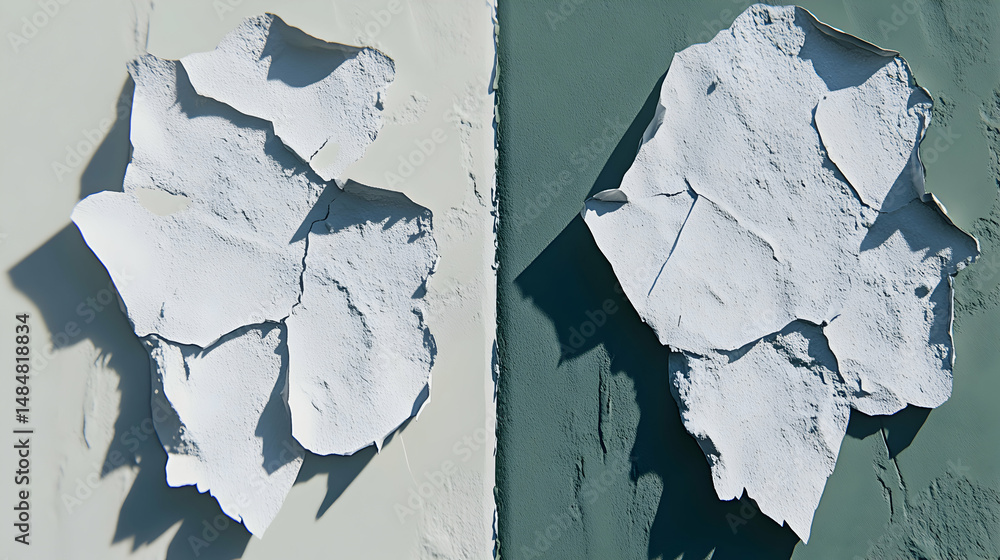 Poster abstract image of peeling paint on a wall, showing two contrasting colors and textures. ideal for de