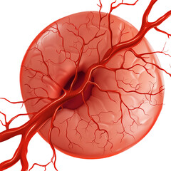 Detailed anatomical illustration of a human eye with visible blood vessels, showcasing ocular health and the complexity of the circulatory system