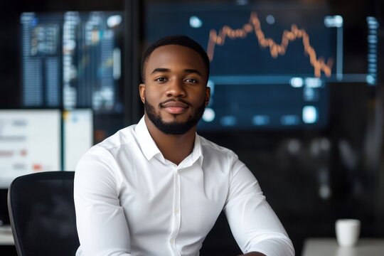 Confident middle-aged Black man with glasses standing in modern office
