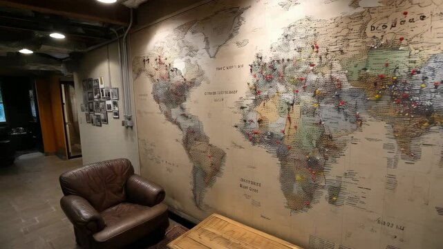 Interior scene featuring a world map adorned with colorful pushpins, complemented by comfortable leather armchairs and a rustic wooden table
