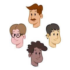 Vector cartoon portraits of four diverse men in a colorful and vibrant style. Fun and eye-catching character illustrations, ideal for posters, branding, social media, and creative projects