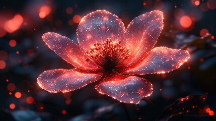 Ruby dust settles upon the petals of a bioluminescent flower, its scarlet shimmer enhancing the otherworldly bloom, a botanical enigma in a hidden grove