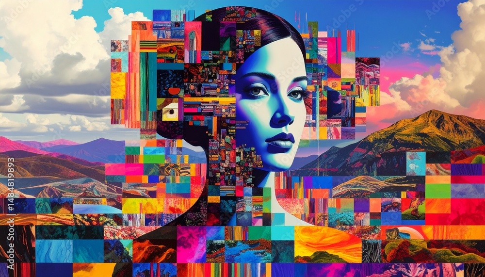 Poster colorful abstract portrait with landscape elements and geometric patterns