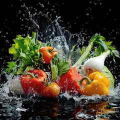 Fresh vegetables including tomatoes, broccoli, cauliflower, and carrots splash in water, creating vibrant and dynamic splash of water creating 