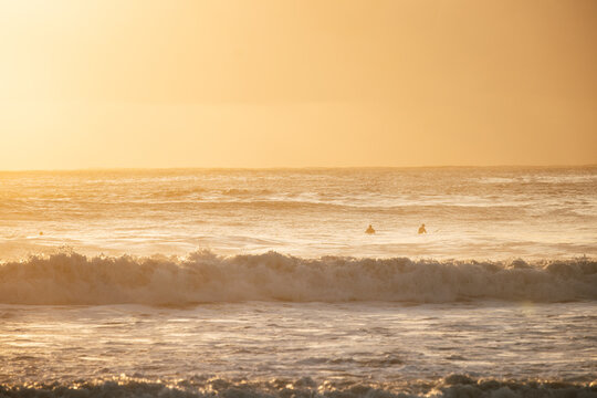 Two surfers waiting in golden sunrise surf at Manly Beach