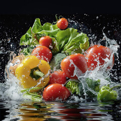 Fresh vegetables including tomatoes, broccoli, cauliflower, and carrots splash in water, creating vibrant and dynamic splash of water creating 