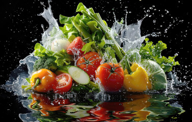 Fresh vegetables including tomatoes, broccoli, cauliflower, and carrots splash in water, creating vibrant and dynamic splash of water creating 