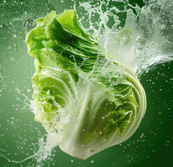 Fresh cabbage washed, water splashing on green background