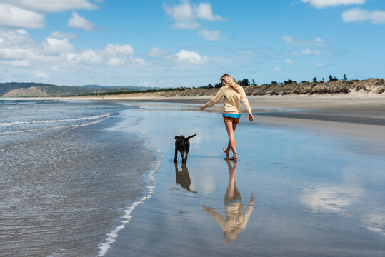 Girl and dog walking on beach together in New Zealand