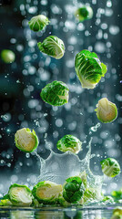 Fresh cabbage washed, water splashing on green background