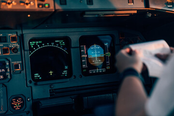 Aircraft navigation screens and pilot with checklist in cockpit