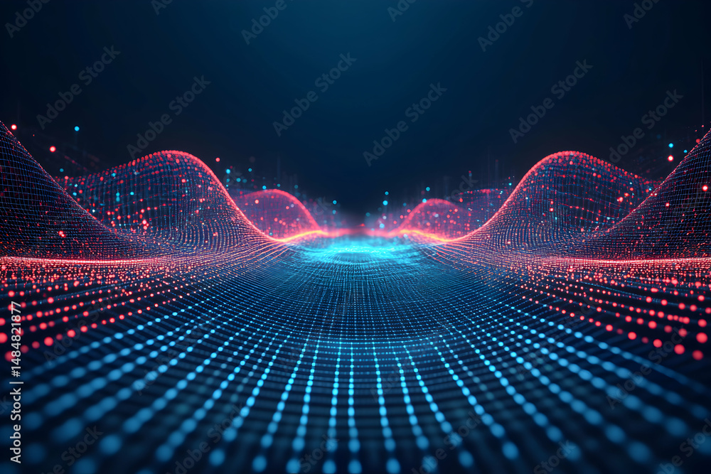 Poster abstract digital landscape with glowing red and blue particles forming dynamic waves. perfect for te