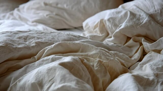 Close-up view of crumpled off-white linen bed sheets and duvet cover with soft, natural lighting creating a cozy, textured backdrop.