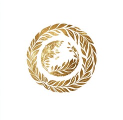 Gold circular wreath design with detailed leaves and floral accents, creating a symmetrical and elegant motif