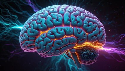Futuristic image of human brain glowing in cyber space. Concept of intelligence, science and human mind, machine learning AI