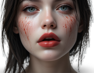 Woman with Blue Eyes and Red Liquid on Face in Dramatic Light