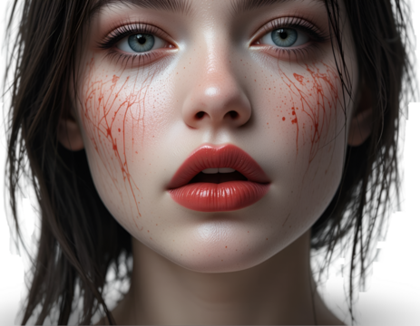 Woman with Blue Eyes and Red Liquid on Face in Dramatic Light