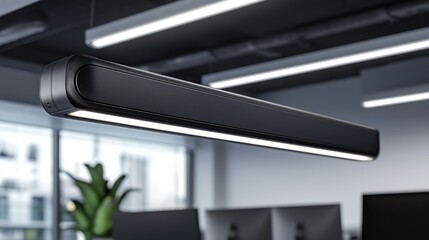 A black rectangular light fixture hangs from the ceiling.