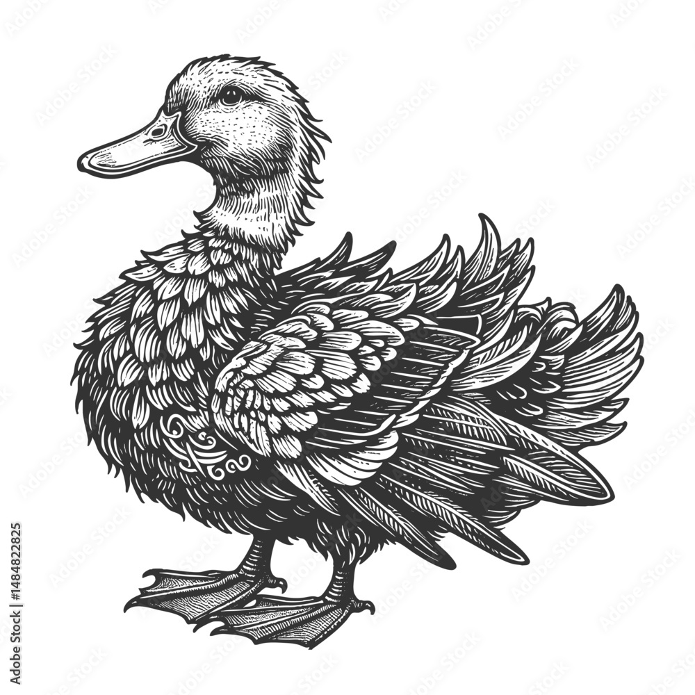 Poster duck with intricately stylized feathers sketch engraving generative ai vector illustration. scratch 
