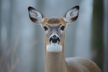 Obraz premium Deer standing in misty foggy forest during morning light