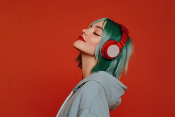 Side view of joyful young woman wearing hoodie and listening to music