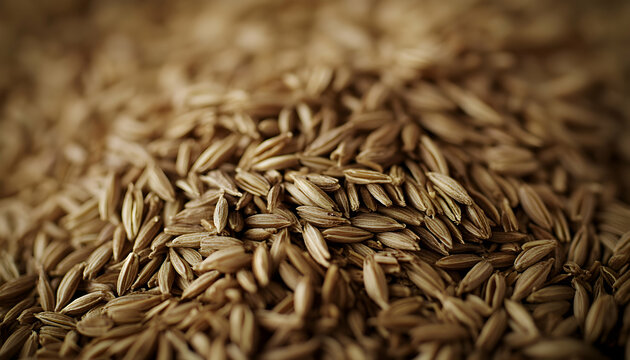 Close-up shot of a pile of cumin seeds, showcasing their texture and warm brown tones.  Perfect for culinary or agricultural contexts.
