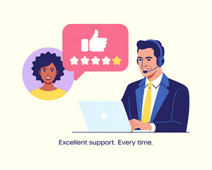 Customer service representative receives positive feedback on laptop illustrating excellent support