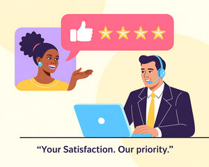 Customer service representative with online support receives positive feedback and five star rating