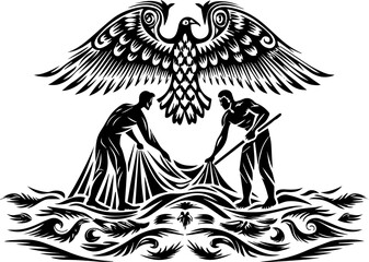 Obraz premium SVG vector representing eco-tourism in the ocean. Two Fishermen Drawing Nets Under a Majestic Eagle Emblem