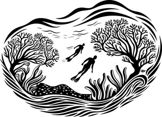 SVG vector representing eco-tourism in the ocean. Underwater Exploration with Divers Swimming Among Sea Life