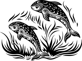 Fototapeta premium SVG vector representing eco-tourism in the ocean. Stylized Black and White Fish Engraving with Decorative Elements