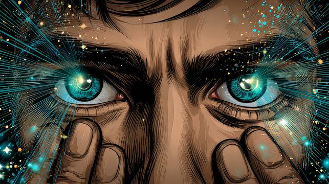 Retro pop art eye read rays superhero vector. The light from his eyes