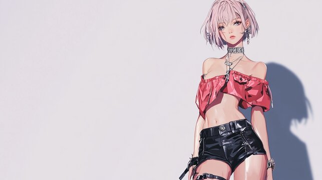 Stylish anime girl in a red top and black shorts