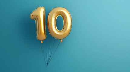 Banner with number 10 golden balloon with copy space. thirty years anniversary celebration concept on a blue background