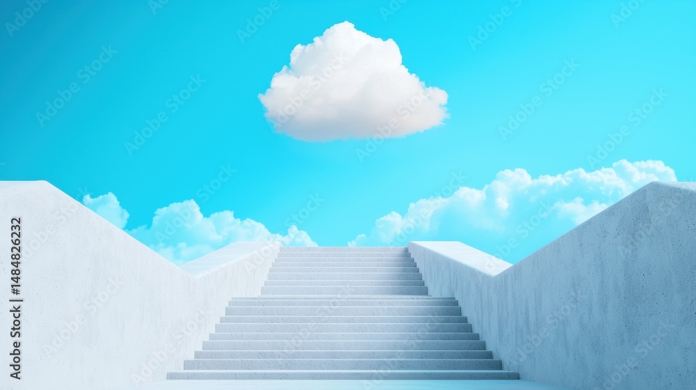 Poster cloud in a clear sky above a staircase, visualizing steps of growth and progress.