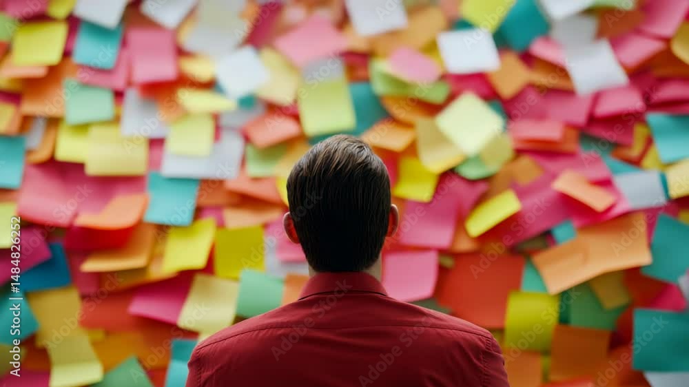 Poster creative brainstorming session with colorful sticky notes in a modern workspace. back view of a puzz