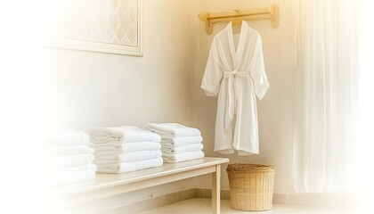Spa-like bathroom interior featuring neatly stacked white towels, a plush white bathrobe hanging on a wooden rack, and a woven basket.  Clean and serene atmosphere.