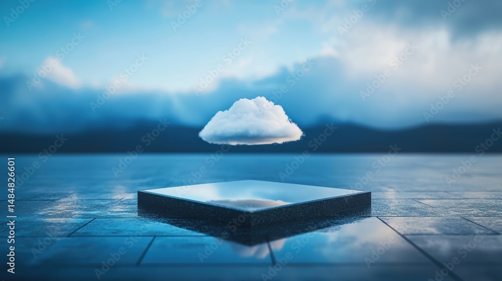 Poster cloud floating over a mirror on the ground, creating an abstract reflection view.