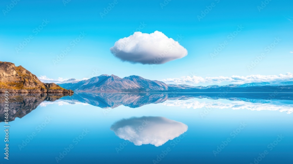 Poster cloud above a calm lake, mirroring perfectly to create a scene of still reflection.