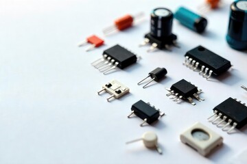 Close-up of various electrical components on a white background Resistors, capacitors, integrated circuits, and more , electrical engineering, transistor