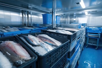 Frozen fish in industrial seafood freezer