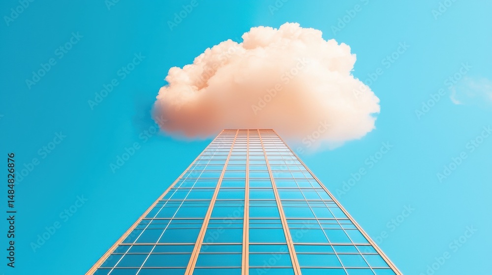 Poster cloud above a reflective skyscraper, blurring lines between sky and structure.