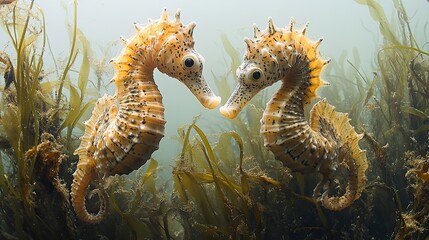 Seahorses drift lazily amongst the seagrass, their camouflage blending seamlessly with their surroundings, masters of underwater disguise