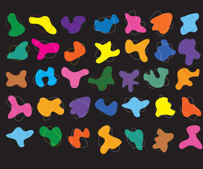 Set of amoeba shapes with stroke in vector isolated on black background. Emblem design elements kit. Colorful liquid shapes for collage on black. Organic fluid biology freeform pattern design.