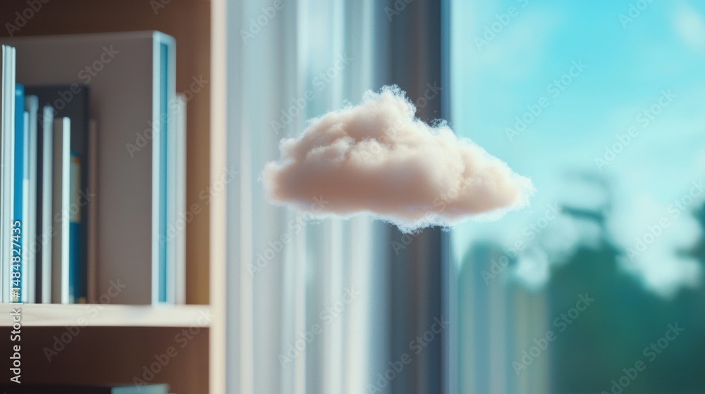 Poster cloud seen outside through a library window, adding a calm background to reading.