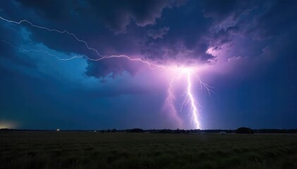 Dramatic thunderstorm with a powerful lightning bolt striking the ground, illuminating the dark landscape A powerful display of nature's raw energy , atmospheric, spring