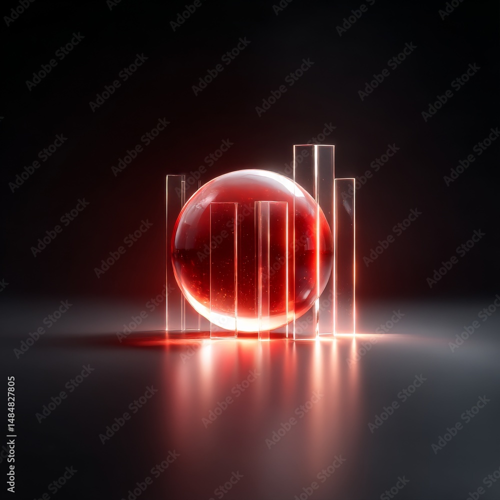 Poster abstract composition: luminous red sphere with glass pillars on a dark reflective surface - modern a