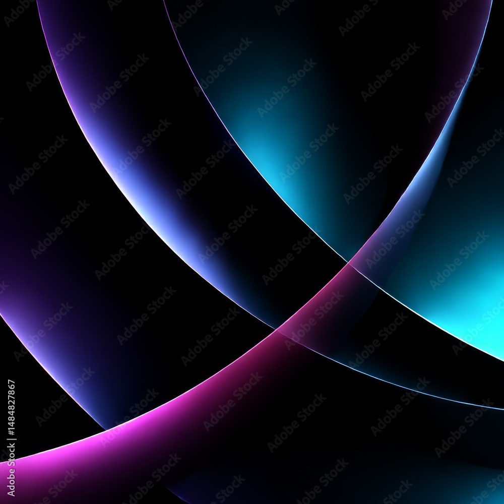 Poster abstract curves with luminous gradient edges in dark background, neon glow, futuristic design, high 