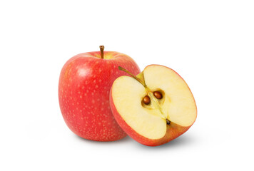 Red apples and a half isolated with clipping path. Pink apple and a cut isolated.